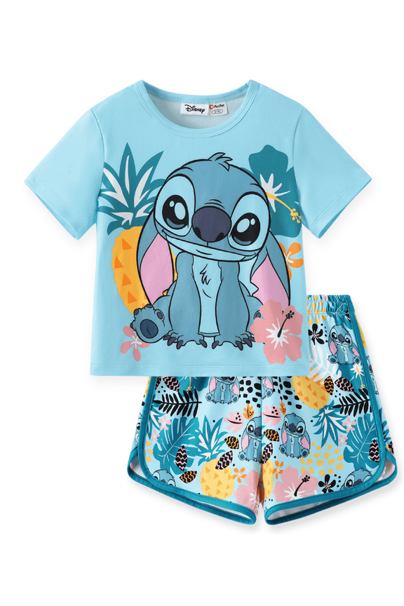Stitch Girls Graphic Tee and Dolphin Shorts 2-Piece Blue School Casual Beach Outfit Set Toddlers Kids 3-4T
