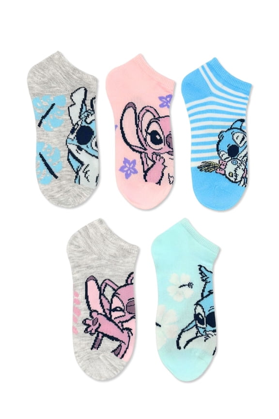 Disney Stitch Girls No-Show Socks, 5-Pack, Sizes S/M-M/L