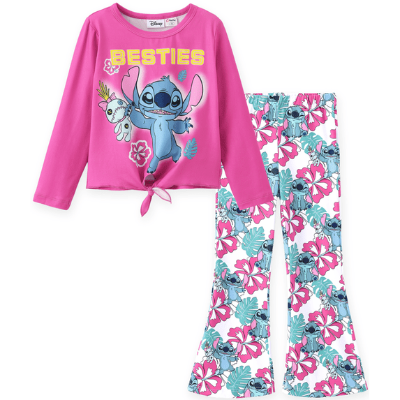 Disney Stitch Girls Pink Top Shirts and Floral Flare Pants 2 Piece Outfit School Holiday Set Size 8-9Y