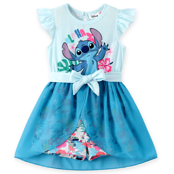 Disney Stitch Girls Rompers Dresses Graphic Bow Blue Hawaii Jumpsuits Tulle Skirt Flower Dress Summer Outfits Gift Set Kids 5-6Y