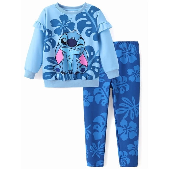 Disney Stitch Girls Sets Ruffle Sweatshirt and Leggings Graphic School Outfit 2-Piece Set Toddler 3Y
