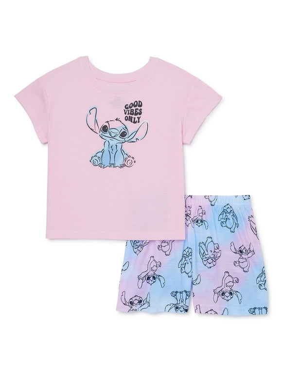 Disney Stitch Girls Short Sleeve Top and Shorts Pajama Set, 2-Piece, Sizes 4-12