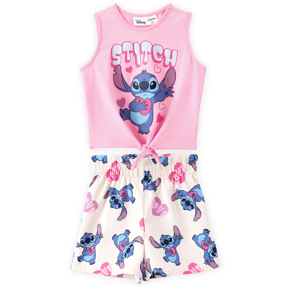 Disney Stitch Girls Summer Outfits Graphic Tee Tank Top Sleeveless Shirts and Shorts Bottoms Pink 2 Piece Set Love Heart Kids 6-7Y