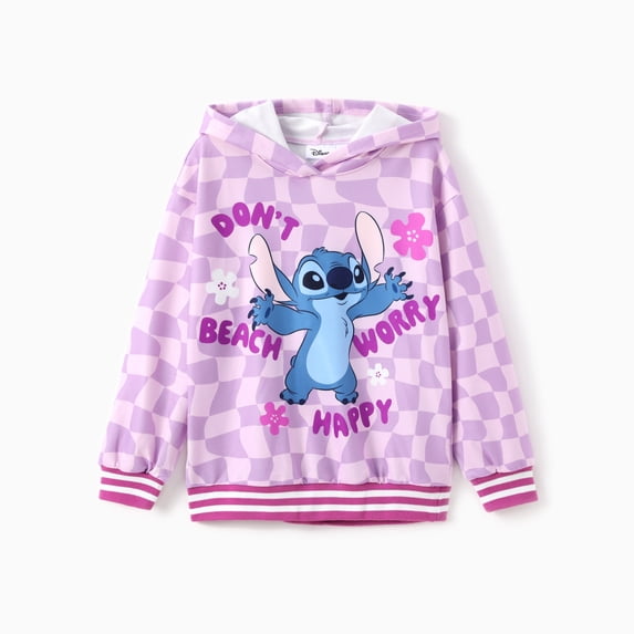 Disney Stitch Girls Sweatshirt Kids Pullover Purple Pink Checkerboard Hooded Top Fall Birthday Gift Hoodie Sizes 8-9 Years