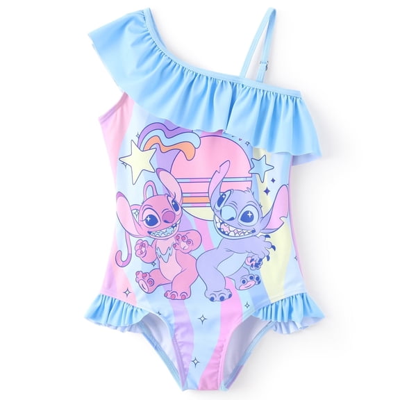 Disney Stitch Girls Swimsuit Angle Graphic One Piece Ruffled One Shoulder Bathing Suits 6-7T