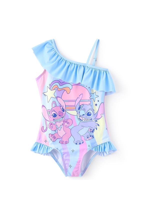 Stitch Girls Swimsuit Angle Graphic One Piece Ruffled One Shoulder Bathing Suits 6-7T