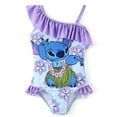 thumbnail image 1 of Disney Stitch Girls Swimsuit Graphic One Piece Ruffled One Shoulder Bathing Suits Kids 6-7T, 1 of 9