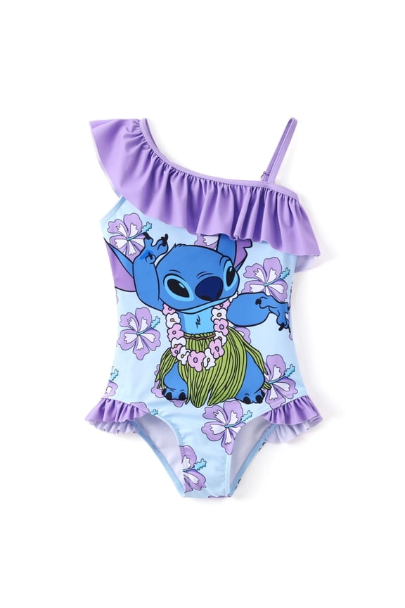 Stitch Girls Swimsuit Graphic One Piece Ruffled One Shoulder Bathing Suits Kids 8-9T