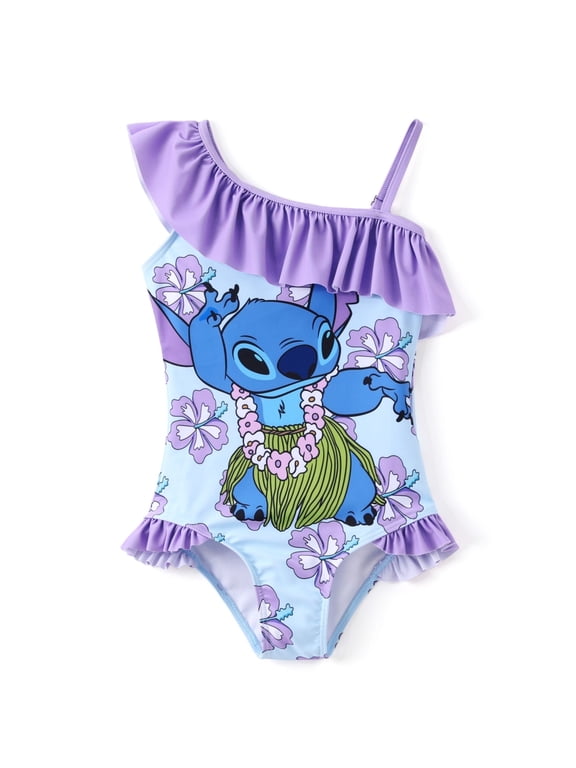 Stitch Girls Swimsuit Graphic One Piece Ruffled One Shoulder Bathing Suits Kids 8-9T