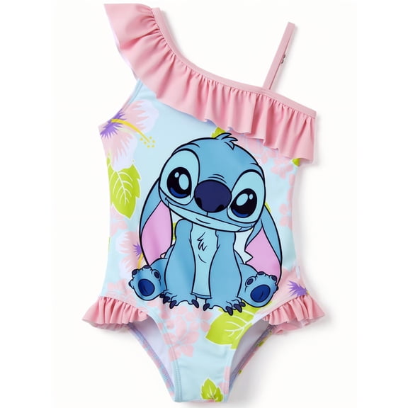 Disney Stitch Girls Swimsuit Graphic One Piece Ruffled One Shoulder Bathing Suits Sizes 2-9Y