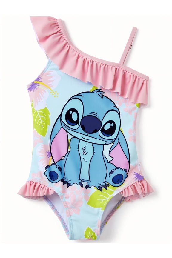 Stitch Girls Swimsuit Graphic One Piece Ruffled One Shoulder Bathing Suits Sizes 2-9Y