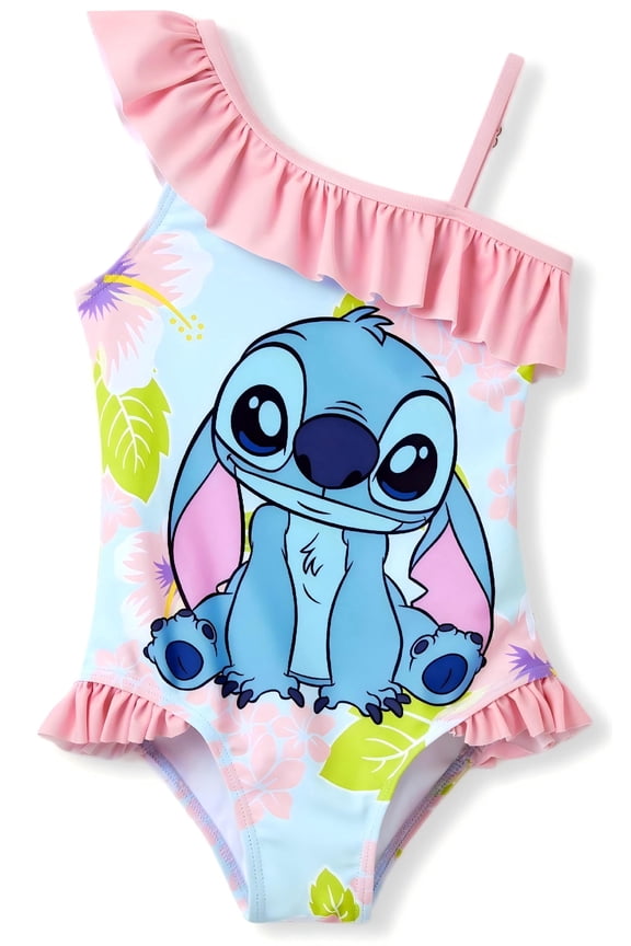 Stitch Girls Swimsuit Graphic One Piece Ruffled One Shoulder Bathing Suits Sizes 2-9Y