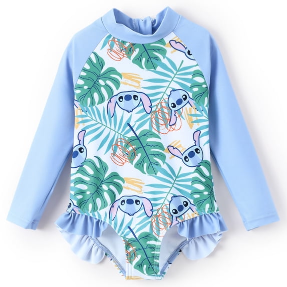Disney Stitch Girls Swimsuit Rash Guard Graphic Long Sleeves Bathing Suits Kids 8-9T