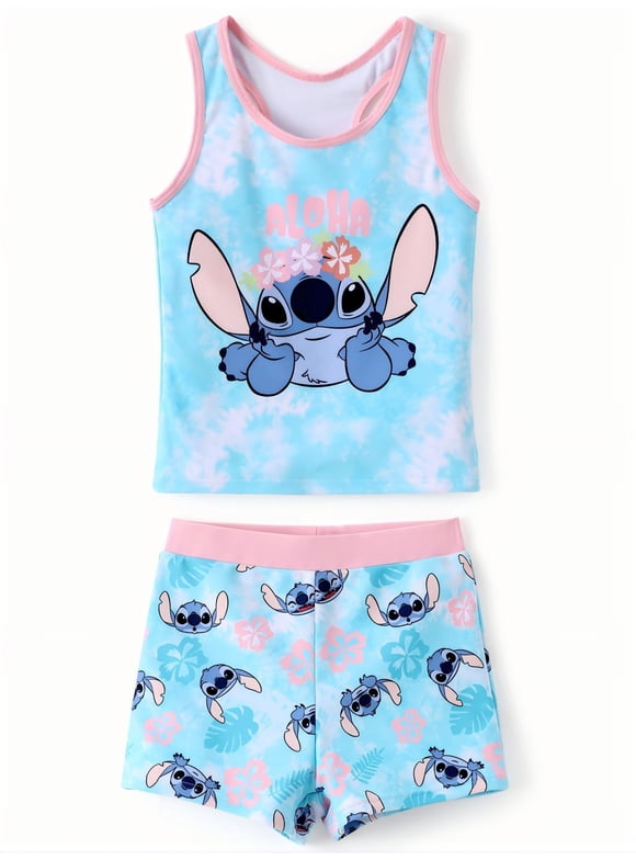 Disney Stitch Girls Swimsuit Sleeveless Tankini Top and Short Bottom Two-Piece Bathing Suit Beach Bikini for Kids Size 3-13