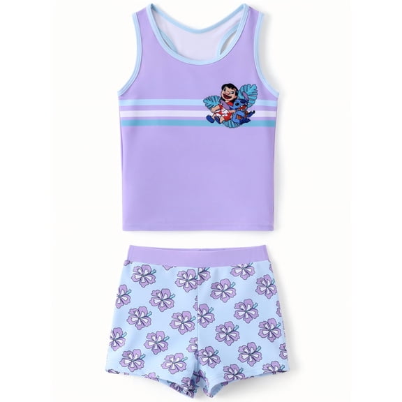Disney Stitch Girls Swimsuit Tankini Top and Short Two-Piece Bathing Suit Floral Beach Bikini Size 2-13