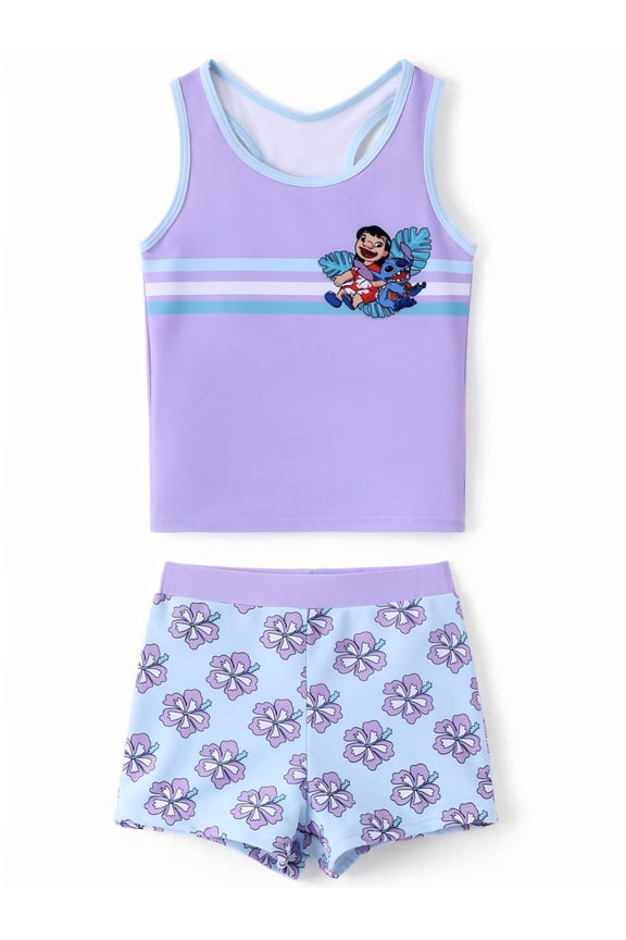 Stitch Girls Swimsuit Tankini Top and Short Two-Piece Bathing Suit Floral Beach Bikini Size 2-13