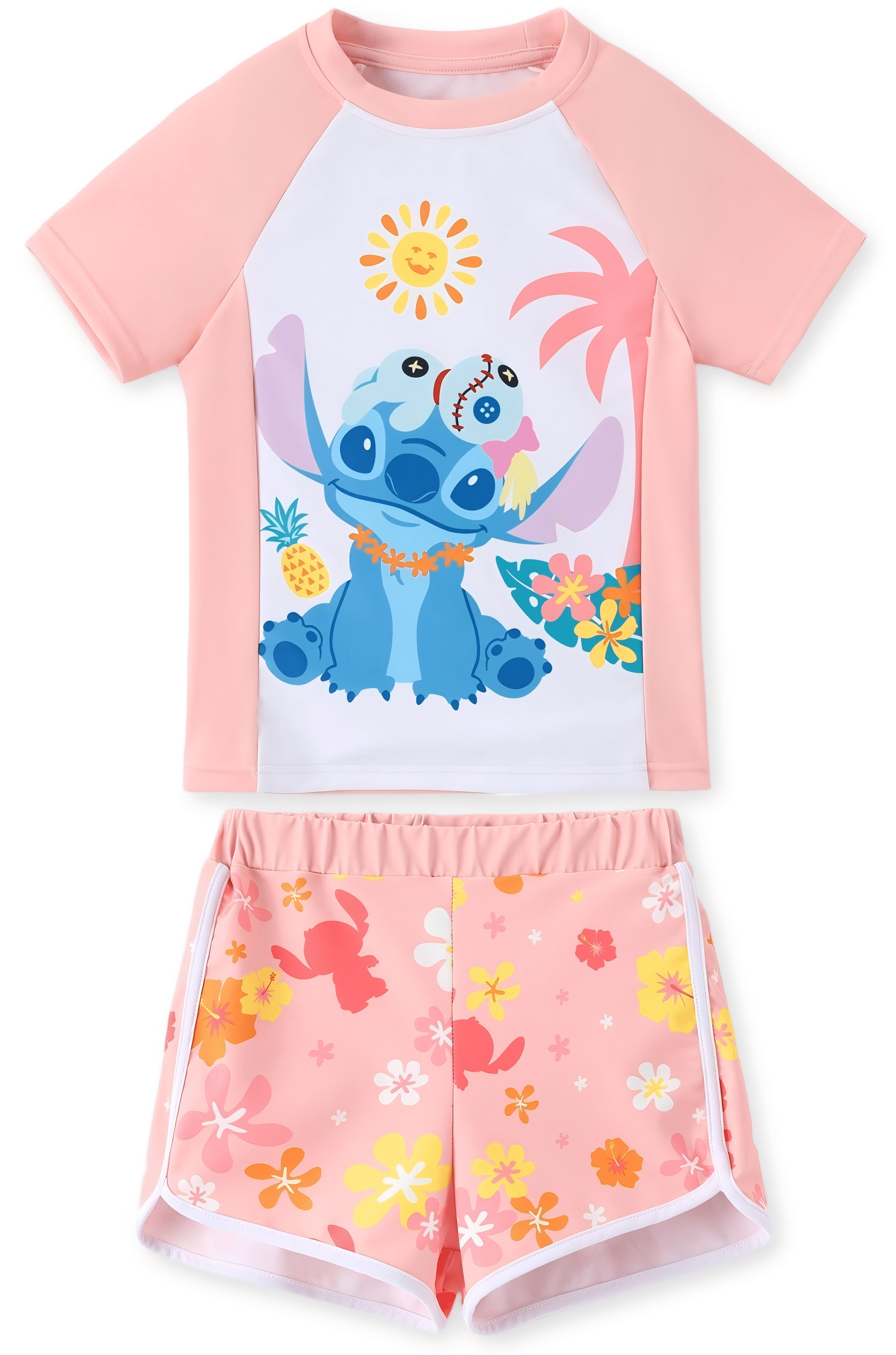 Disney Stitch Girls Swimsuits Summer Rash Guard Graphic Swim Top and Shorts Pink Bathing Suits 2 Pieces Sets