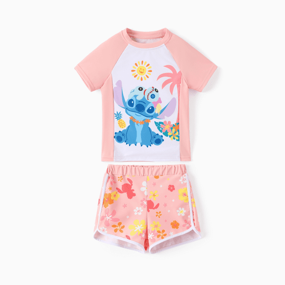Disney Stitch Girls Swimsuits Summer Rash Guard Graphic Swim Top and Shorts Pink Bathing Suits 2 Pieces Sets Sizes 2-9
