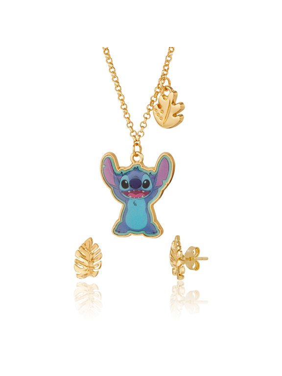 Stitch Jewelry Set Official License with 16+3 Necklace and Palm Leaf Earrings, Gold Tone Fashion Necklace and Stud Earrings