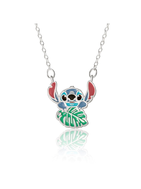 Stitch Necklace for Women 16"+2" Official License, Silver Flash Plated Leaf Stitch Pendant Necklace