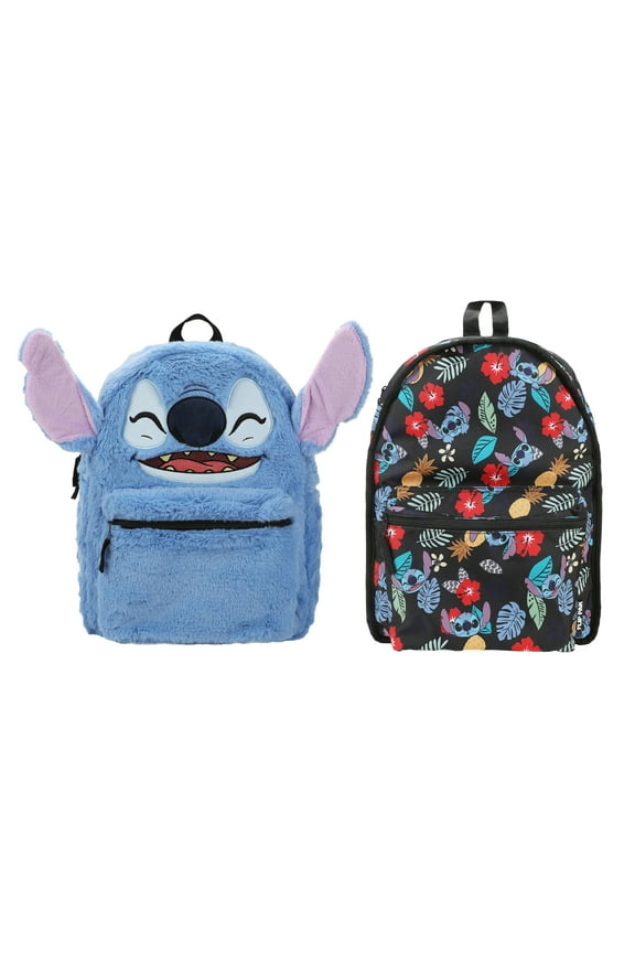 Disney Stitch Plush Character & Tropical Print 16.5" Flip Pak Reversible Backpack