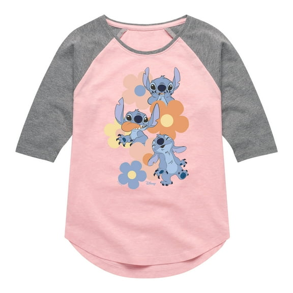 Disney - Stitch Pop Flowers - Youth Girls Shirt Tail Raglan T-Shirt