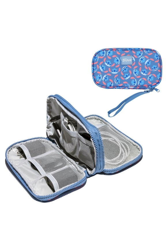 Disney Stitch Repeat Character Heads 4" Blue Tech Cable Organizer Travel Case