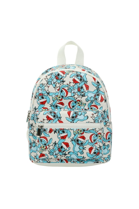Disney Stitch Santa Stitch All-Over Print White Faux Leather 10.6" Mini Backpack
