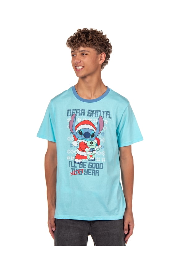 Disney Stitch T-Shirt Men's Dear Santa I'll Be Good Next Year Adult Short Sleeve Ringer Tee