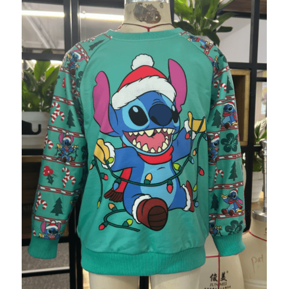 Disney Stitch Toddler Christmas Crew Neck Sweatshirt Kids Clothes Green Graphic Gift Christmas Lights Long Sleeves Top Sizes 2T-6Y