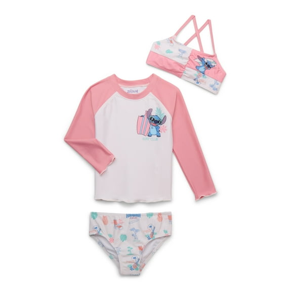 Character Toddler Girl Rash Guard and Bikini Swimsuit Set, 3-Piece, Sizes 12M-5T