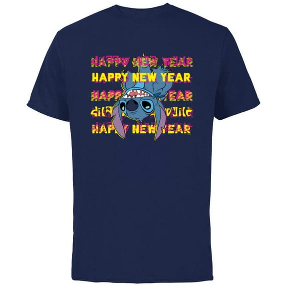 Disney Stitch Upside-Down Alien Language Happy New Year - Short Sleeve Cotton T-Shirt for Adults - Customized-Navy