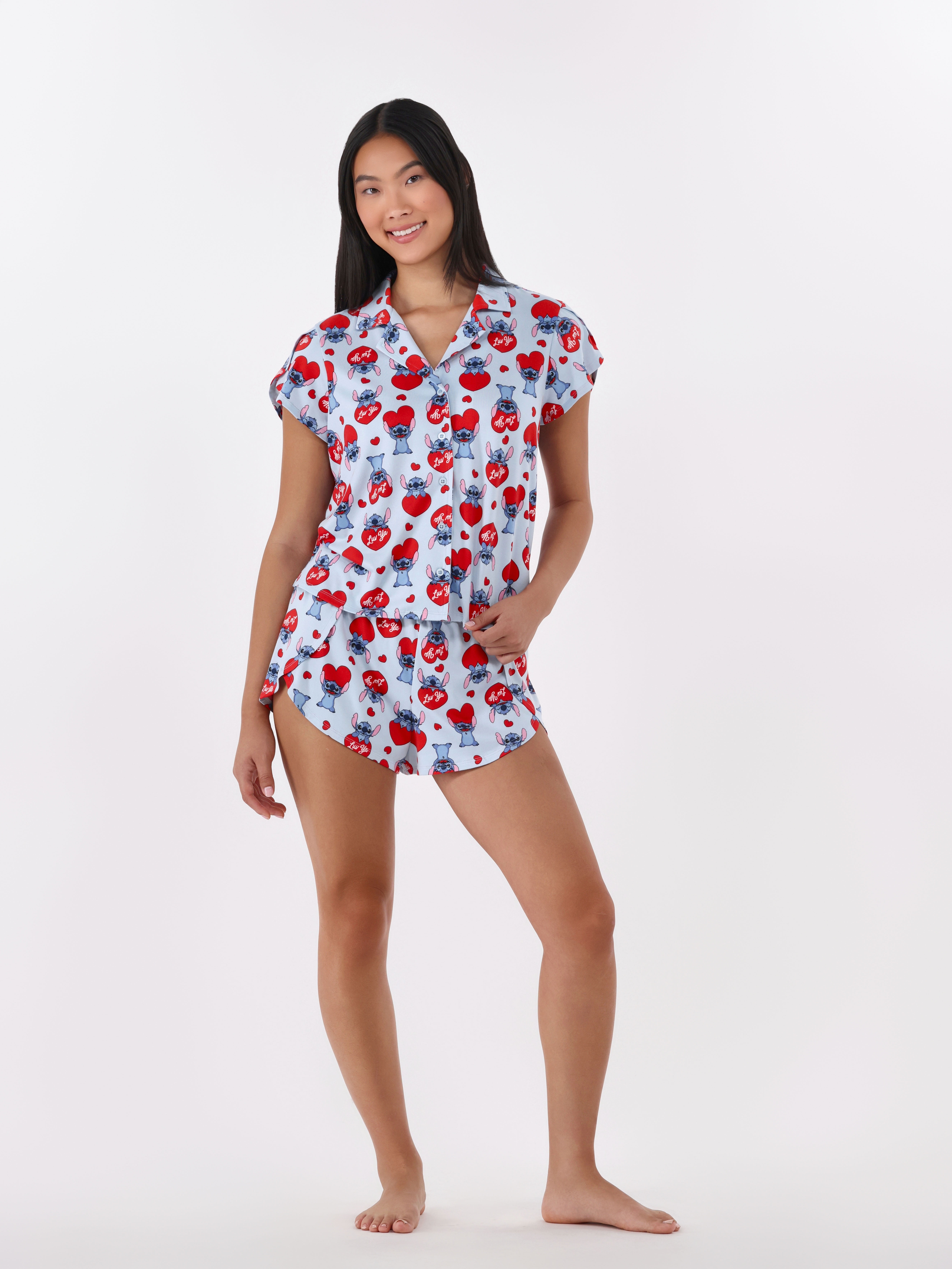 Disney Stitch Women's Valentine's Day Notch Collar Top and Shorts, 2 Piece Pajama Set, Sizes XS-3X