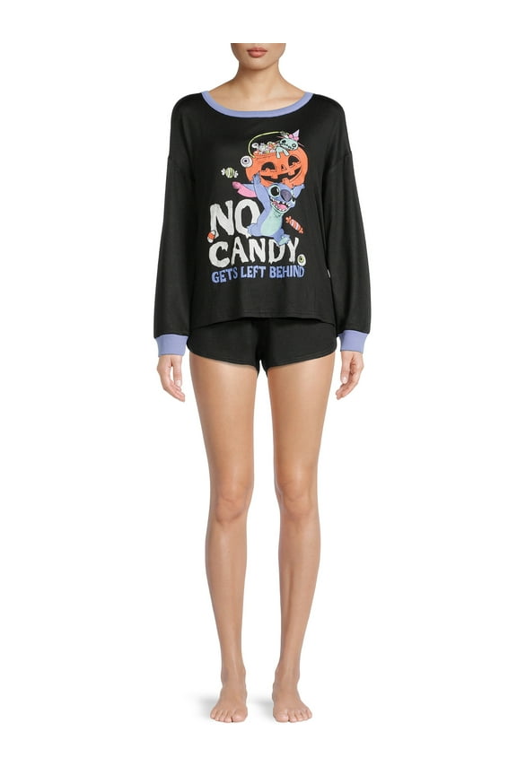 Stitch Women's and Women's Plus Long Sleeve Top and Pajama Shorts, 2-Piece Set