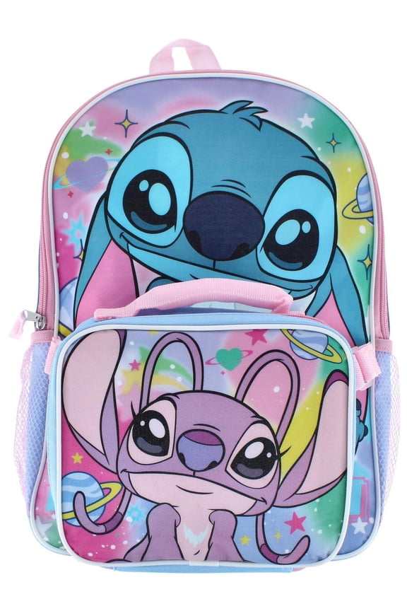Stitch and Angel 16" Shoulder Backpack for School with Rectangular Lunch Bag, For Girls