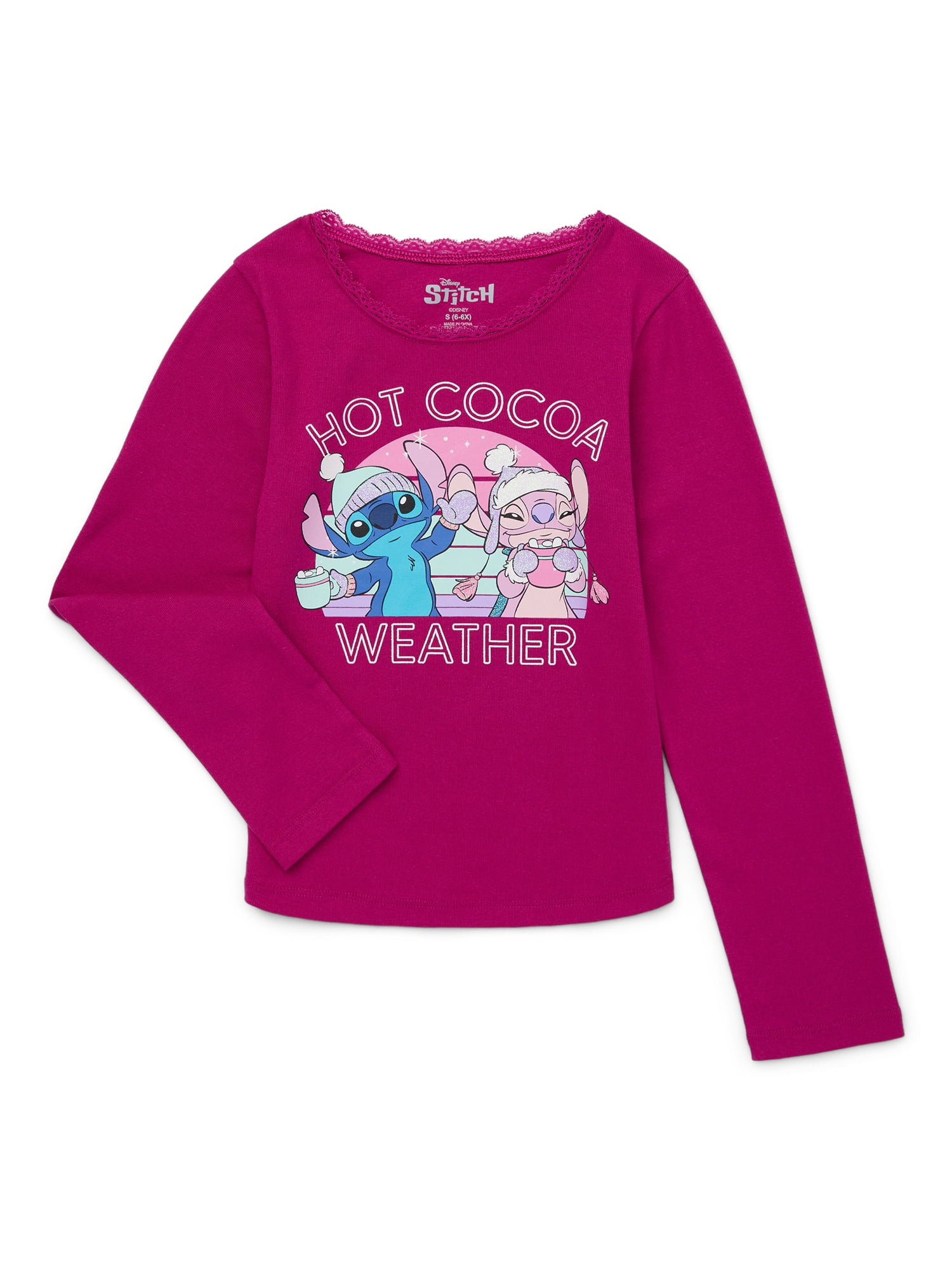 Disney Stitch and Angel Hot Cocoa Weather Girls Long Sleeve Glitter Rib Tee, Sizes 4-16