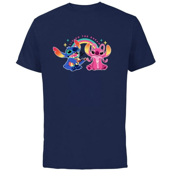 Disney Stitch and Angel Living the Dream - Short Sleeve Cotton T-Shirt for Adults - Customized-Navy