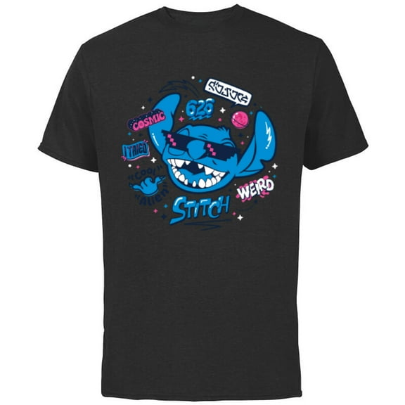 Disney Stitch in Sunglasses Cool Weird and Cosmic Freestyle- Short Sleeve Cotton T-Shirt for Adults - Customized-Black