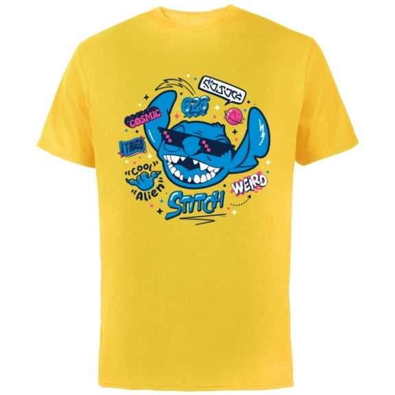 Disney Stitch in Sunglasses Cool Weird and Cosmic Freestyle- Short Sleeve Cotton T-Shirt for Adults - Customized-Yellow