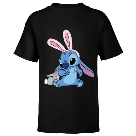 Disney Stitch in Easter Bunny Costume with Cute Fuzzy Friend - Short Sleeve T-Shirt for Kids - Customized-Black