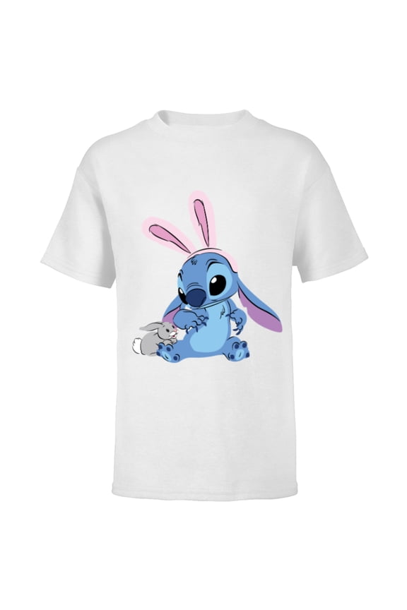 Stitch in Easter Bunny Costume with Cute Fuzzy Friend - Short Sleeve T-Shirt for Kids - Customized-White