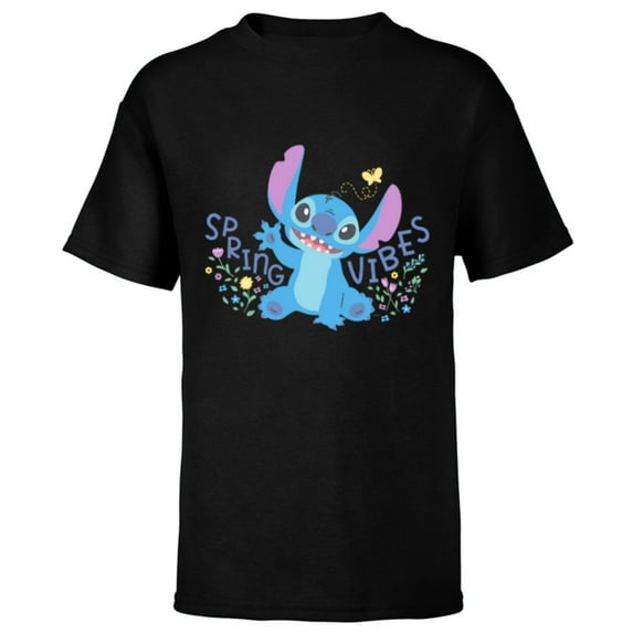 Disney Stitch with Flowers & Butterfly Easter Spring Vibes - Short Sleeve T-Shirt for Kids - Customized-Black