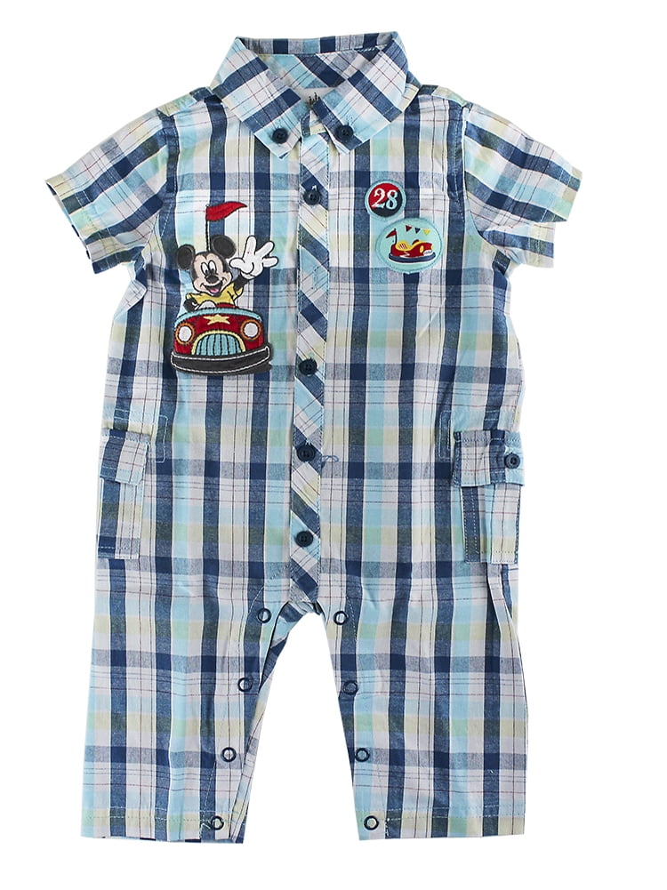 Disney Store Baby Boys Mickey Mouse Woven Bumper Car Romper Short Sleeve, Blue, 3-6 Months