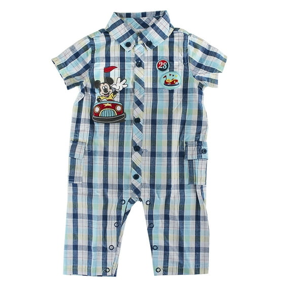 Disney Store Baby Boys Mickey Mouse Woven Bumper Car Romper Short Sleeve, Blue, 3-6 Months