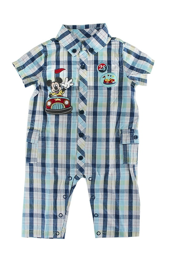 Baby Boys Mickey Mouse Woven Bumper Car Romper Short Sleeve, Blue, 3-6 Months