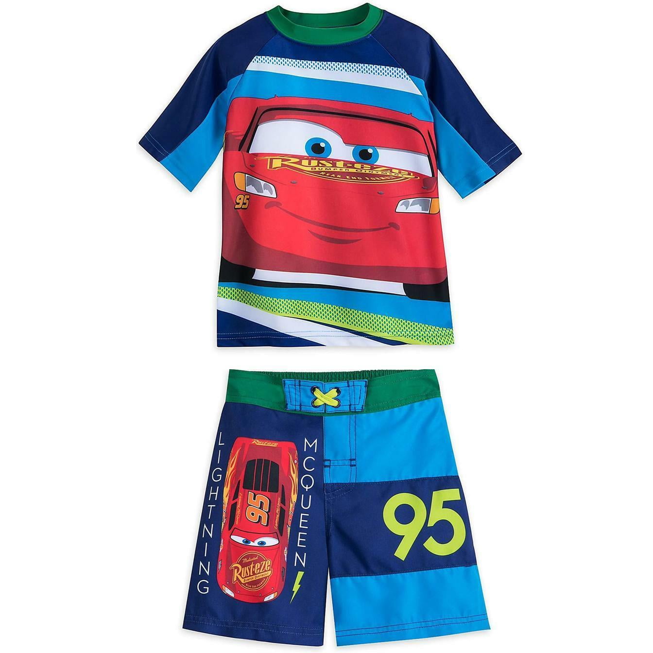 Disney Store Cars Lightning Mcqueen Rash Guard And Swim Trunks Set Boy Size 5/6