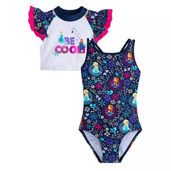Disney Store Girls Anna and Elsa - Frozen ''Be Cool'' Swimsuit & Rash Guard Set, Size 2