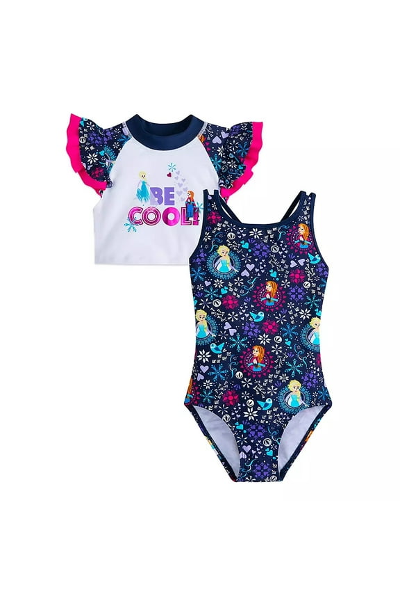 Girls Anna and Elsa - Frozen ''Be Cool'' Swimsuit & Rash Guard Set, Size 2