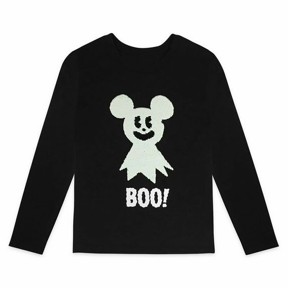 Disney Store Mickey Mouse Halloween Ghost Long Sleeve Reversible Sequin Kids T Shirt Size 5/6