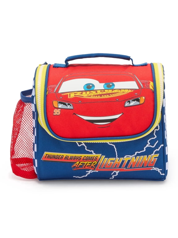 Official Cars Insulated Lunch Box For Kids With Side Mesh Pocket, Water Resistant Design, Backpack Attachment Snaps, Interior Name Label, Disney Screen Art Featuring Lightning McQueen